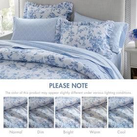 Adele blue floral comforter showing delicate ruffle edges