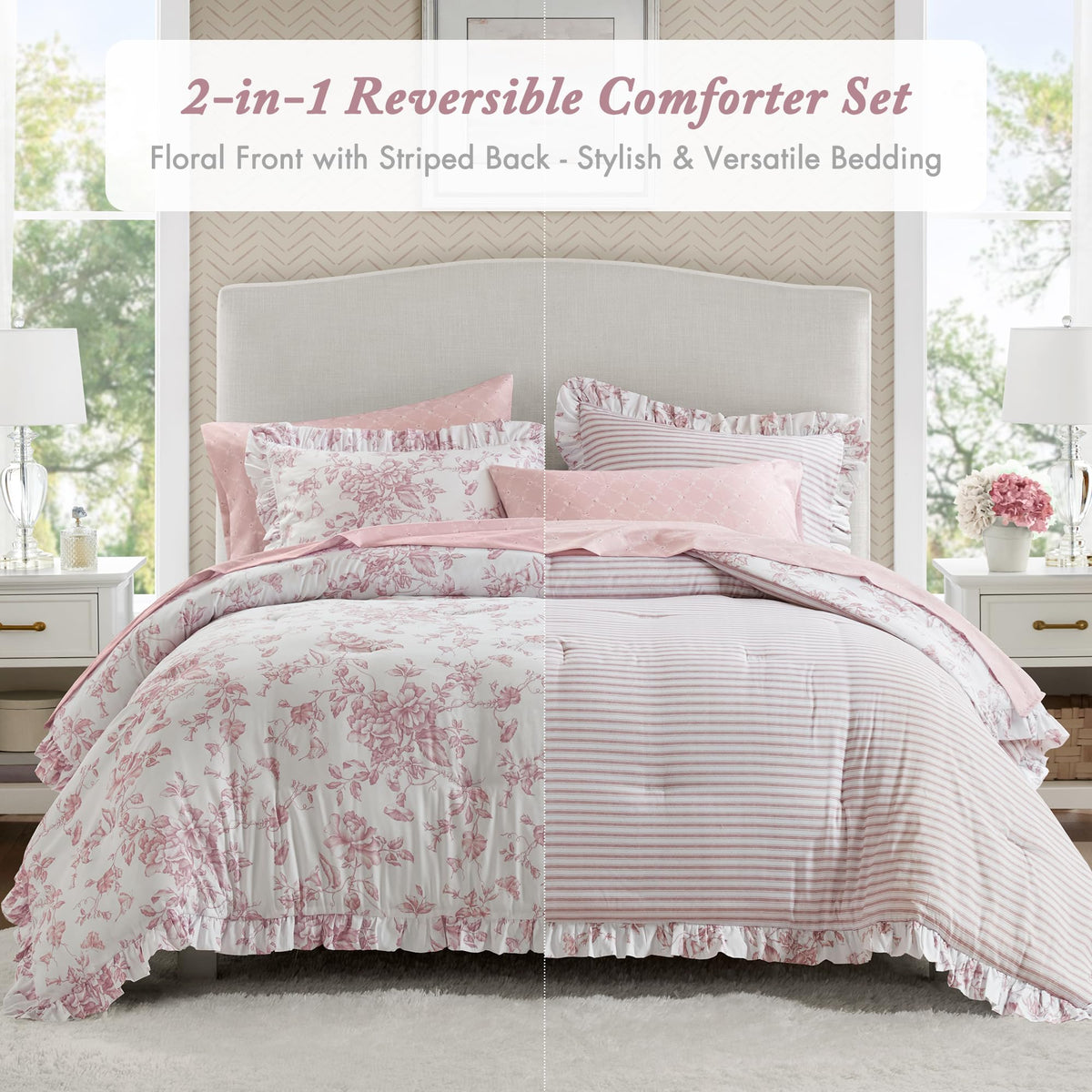 Madison Park Adele comforter on bed demonstrates vintage-inspired charm and cozy texture