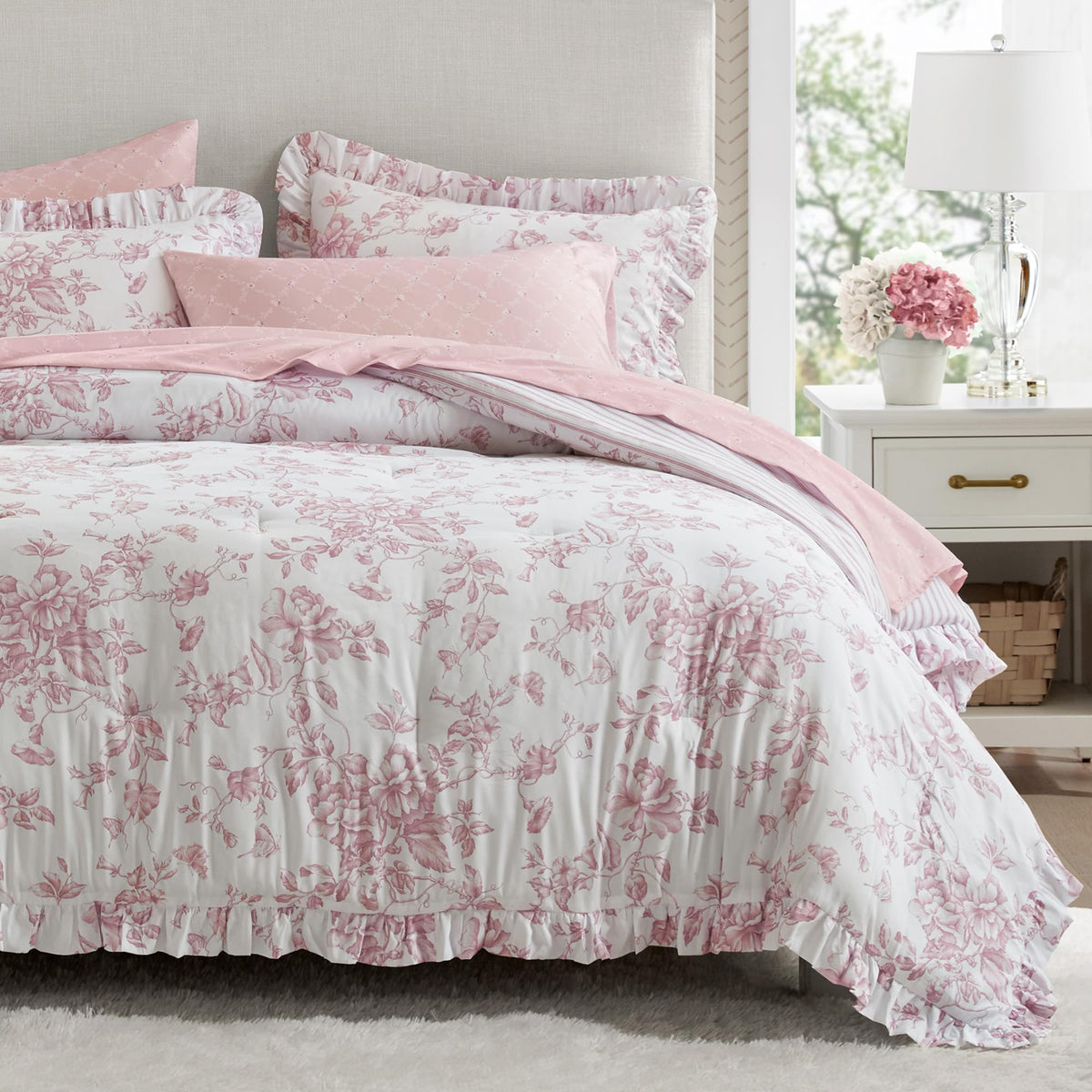 Madison Park Adele pink floral ruffle detail adds romantic bedroom styling
