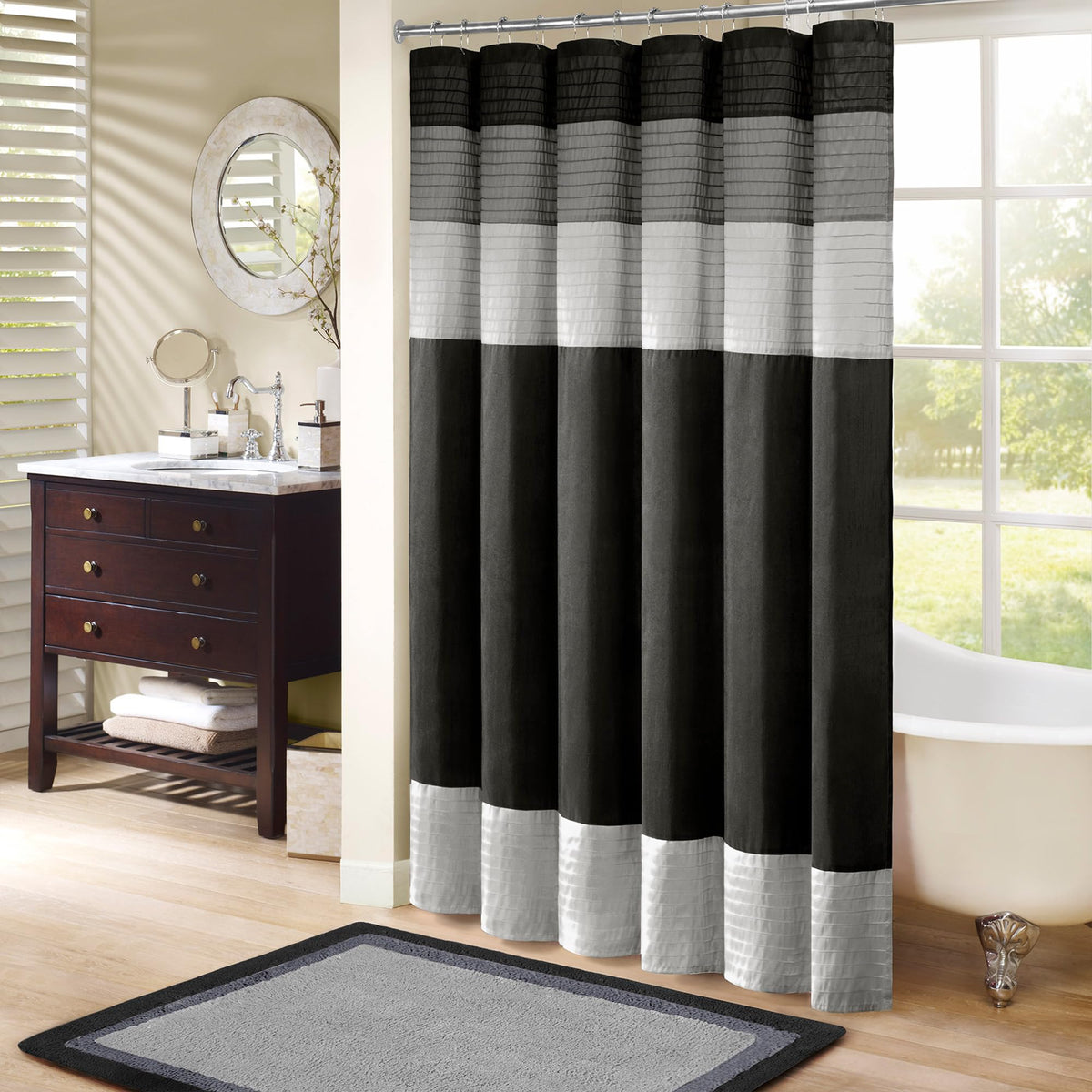 Madison Park Amherst pieced striped shower curtain 72x72 in black adds depth.