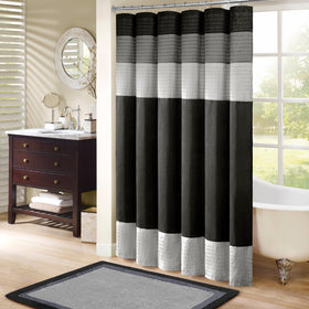 Madison Park Amherst pieced striped shower curtain 72x72 in black adds depth.