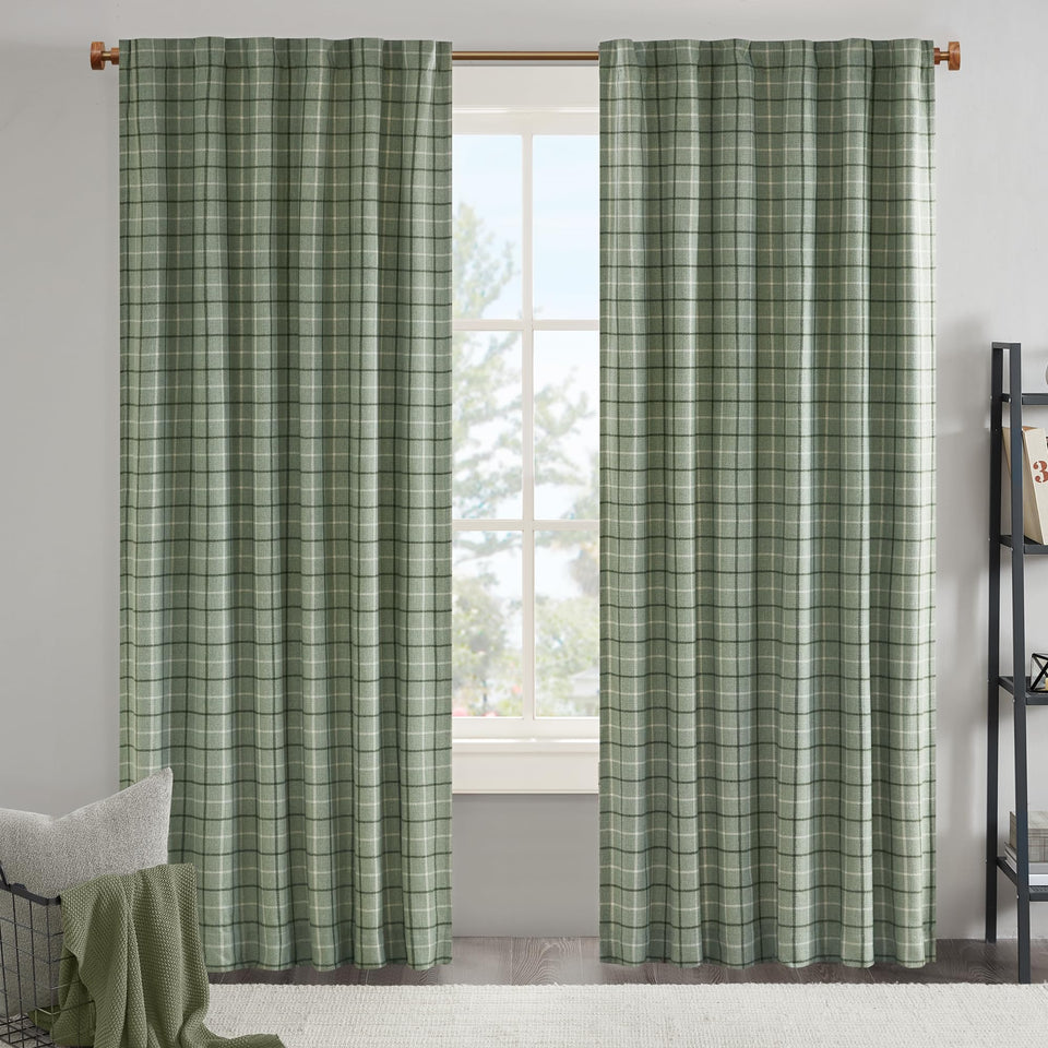 Madison Park Anaheim plaid curtain, 50x84, front view showing warm green plaid and texture.