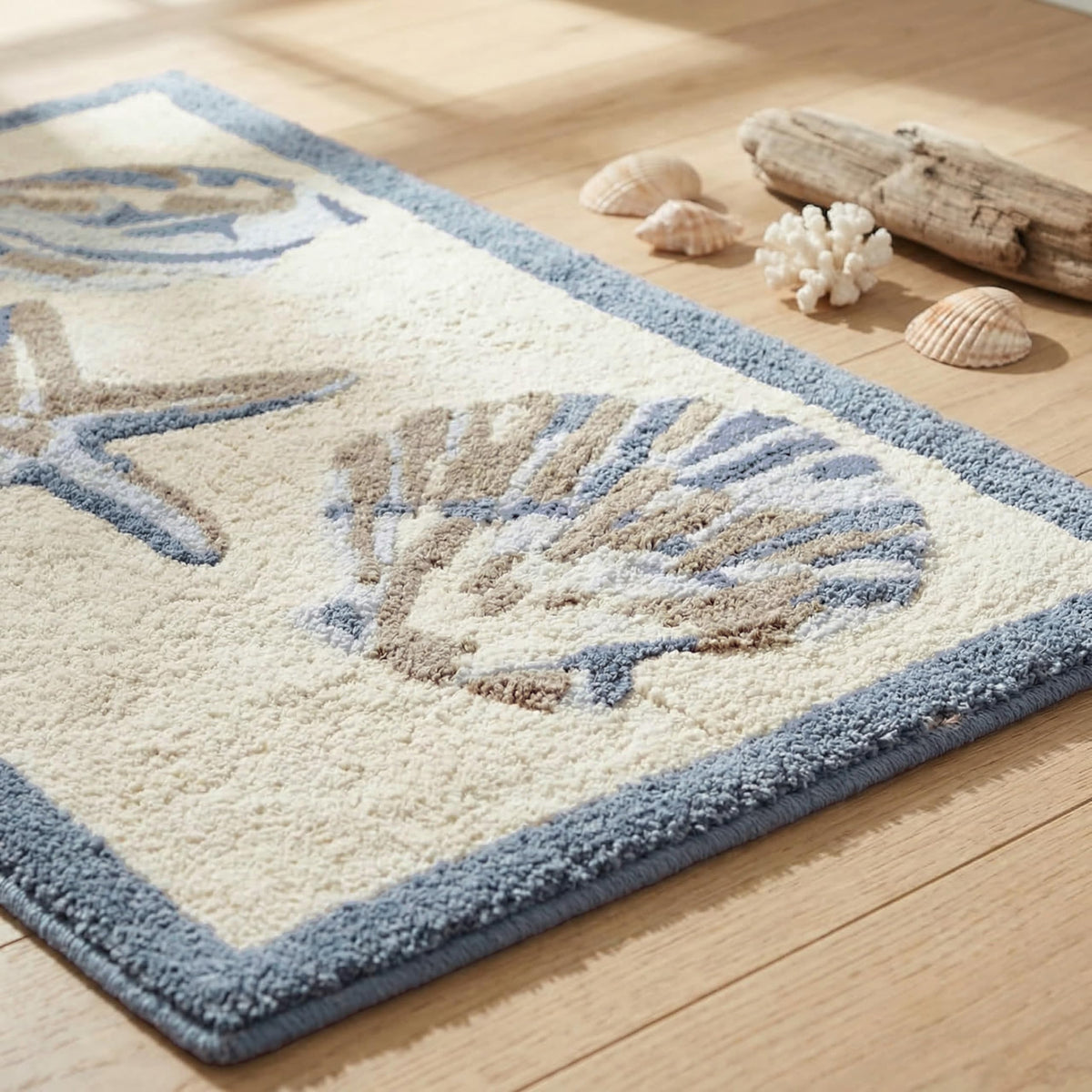Blue Bayside bath mat enhances beach house or coastal bathroom style.