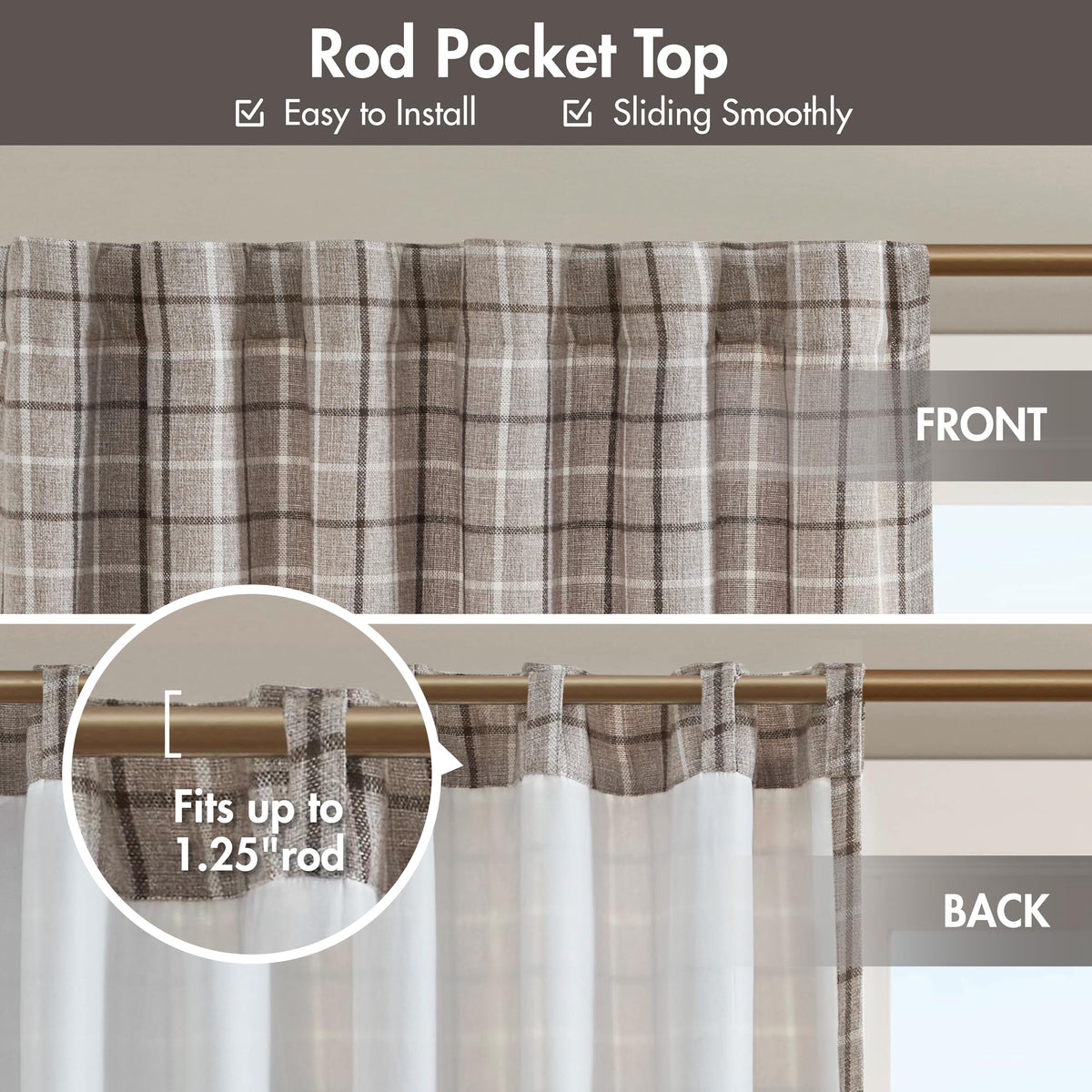 Madison Park brown plaid drape adds warm rustic living room style