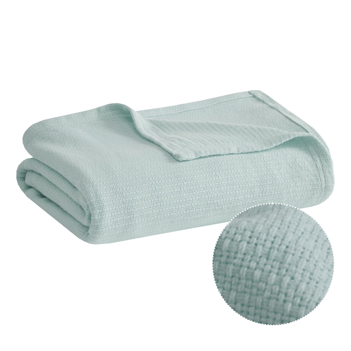 Madison Park Freshspun Basketweave Blanket in blue folded shows soft texture for cozy nights.