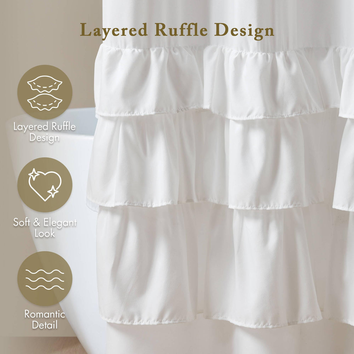 Grace White curtain measures 72 by 72 inches, suitable for standard showers