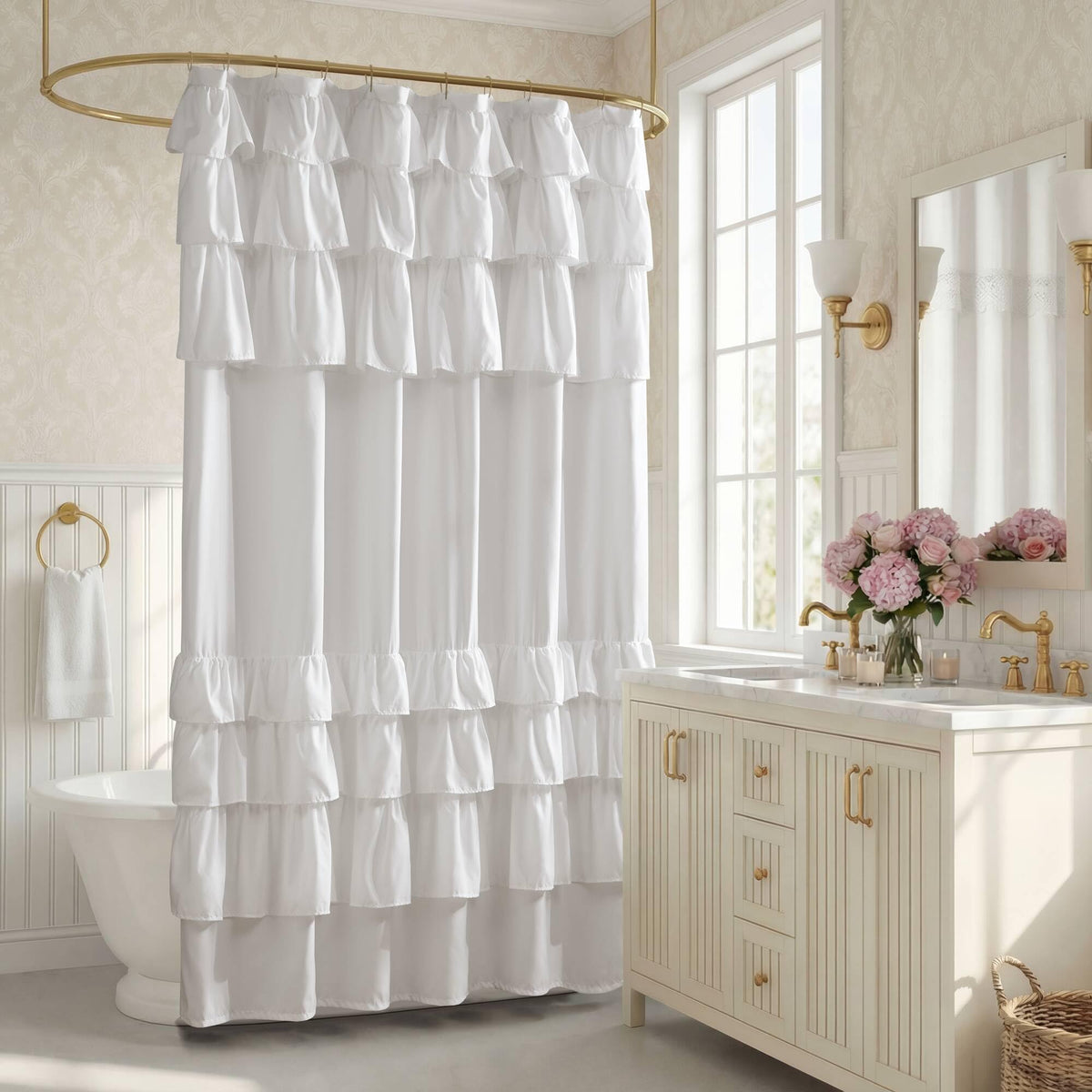 Grace White shower curtain close-up of oversized top ruffles for cottage charm