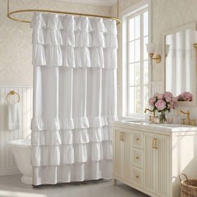 Grace White shower curtain close-up of oversized top ruffles for cottage charm