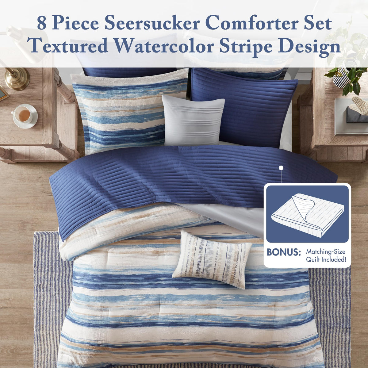 Madison Park Marina comforter showcased with light blue reverse for versatile styling.