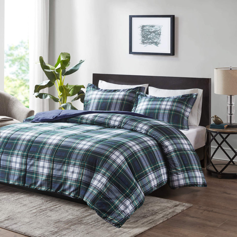 Madison Park Parkston plaid comforter close-up shows soft brushed microfiber for cozy nights.