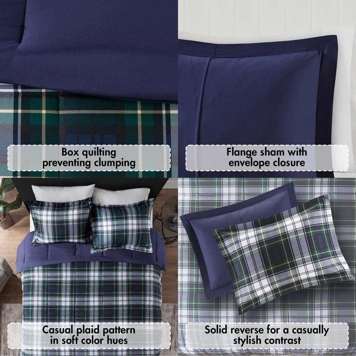Parkston plaid comforter on bed highlights navy tone and modern cabin style.