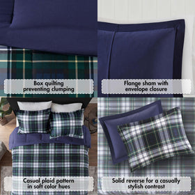 Parkston plaid comforter on bed highlights navy tone and modern cabin style.