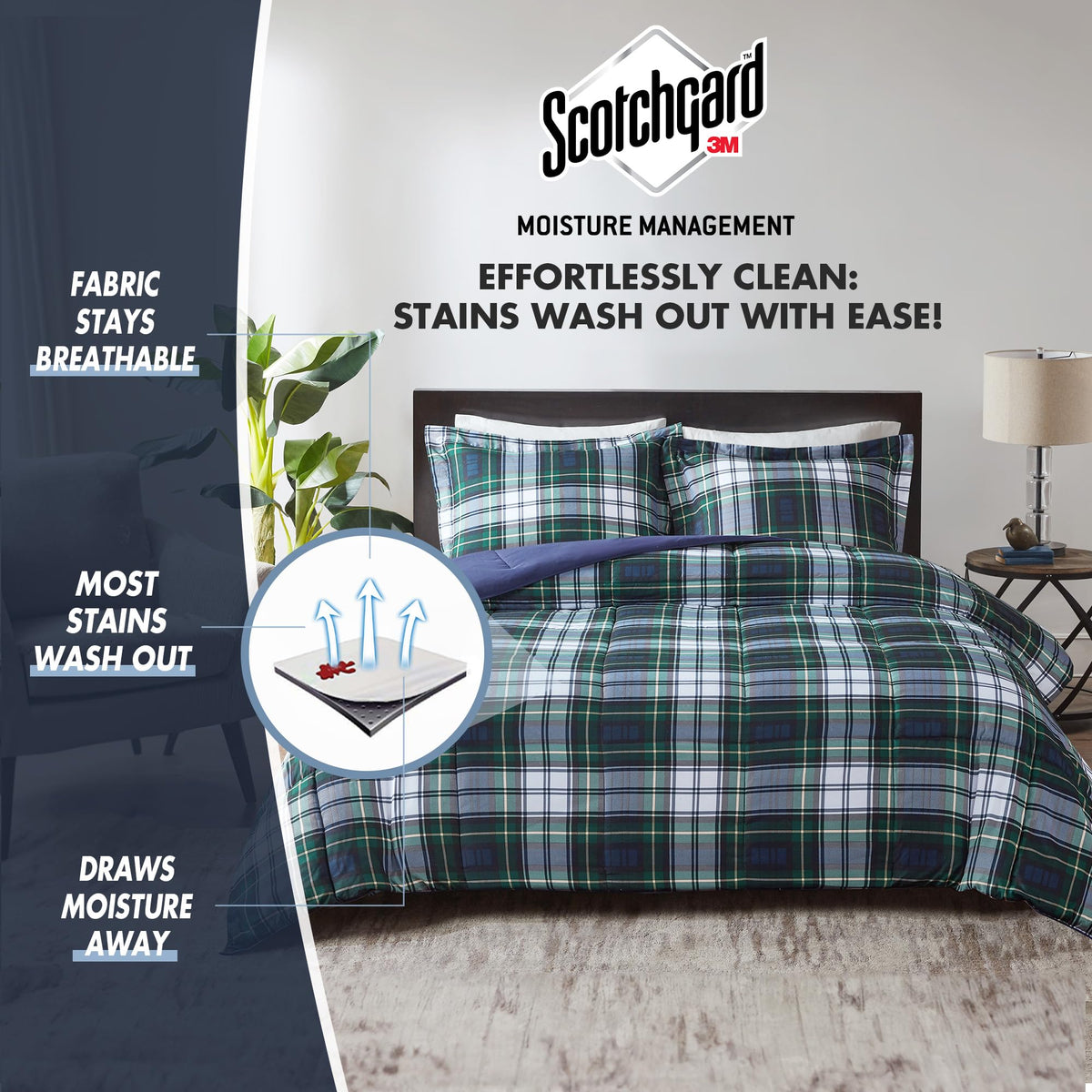 Madison Park Parkston plaid on navy bedding suggests all-season warmth.