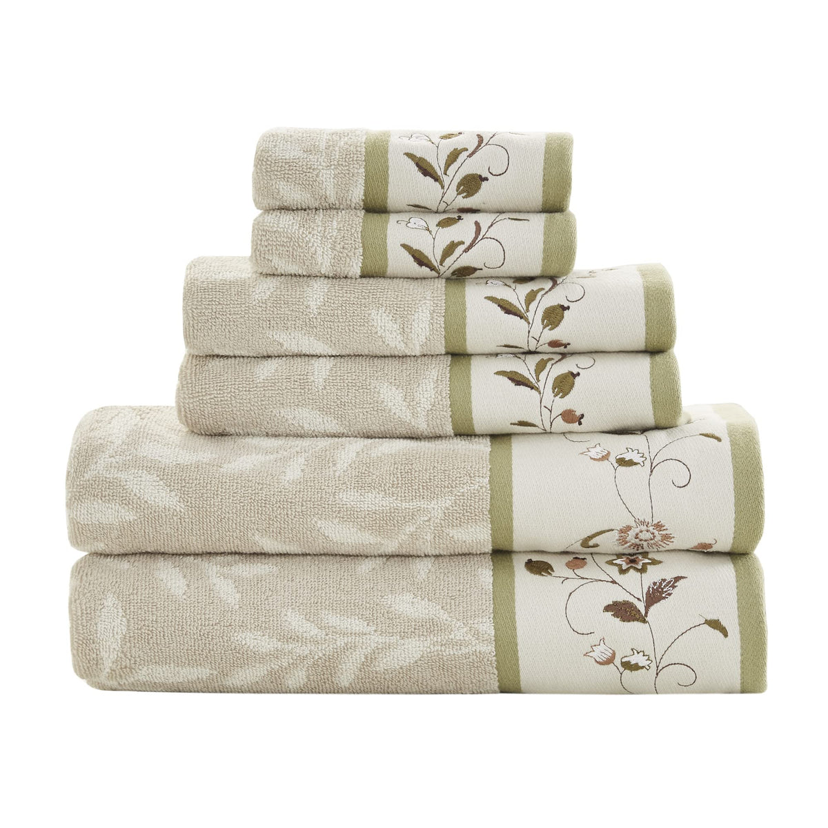 Madison Park Serene towel set with jacquard leaf pattern enhances bath decor.