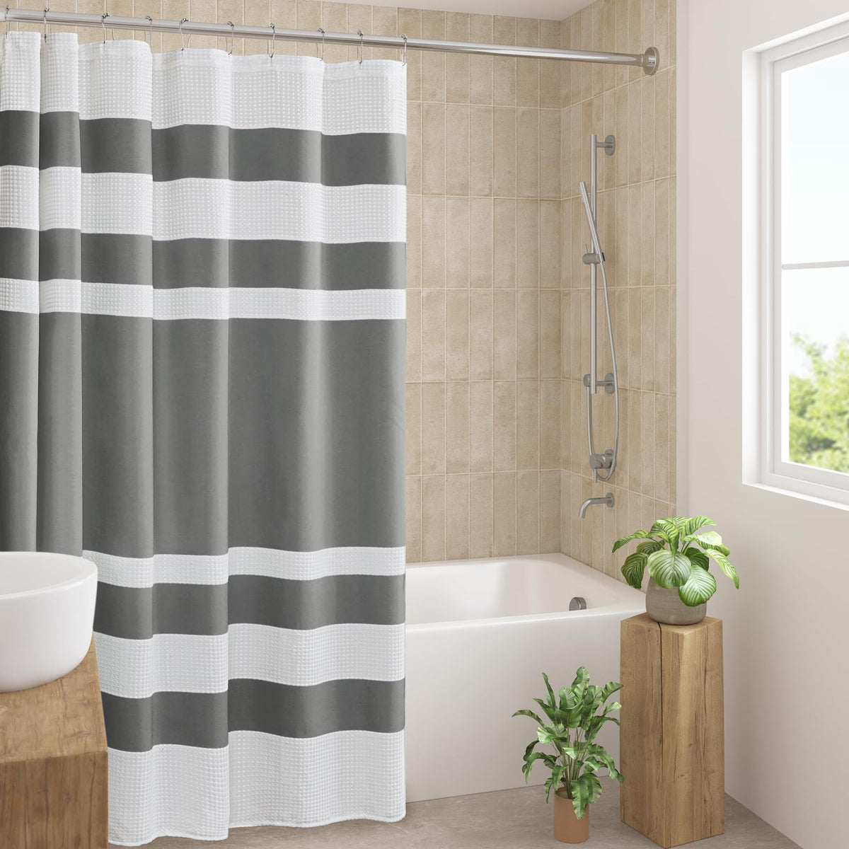 Madison Park Spa Waffle Curtain in charcoal showcases modern privacy and texture.