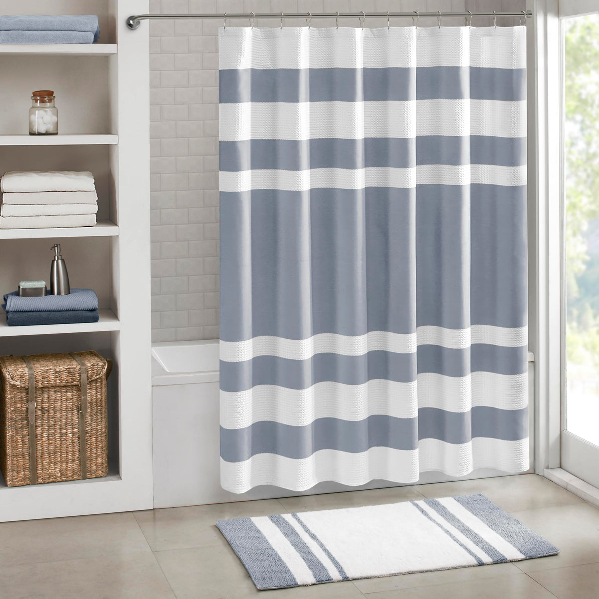 Madison Park Spa Waffle Curtain Indigo blue close-up showing texture and color.