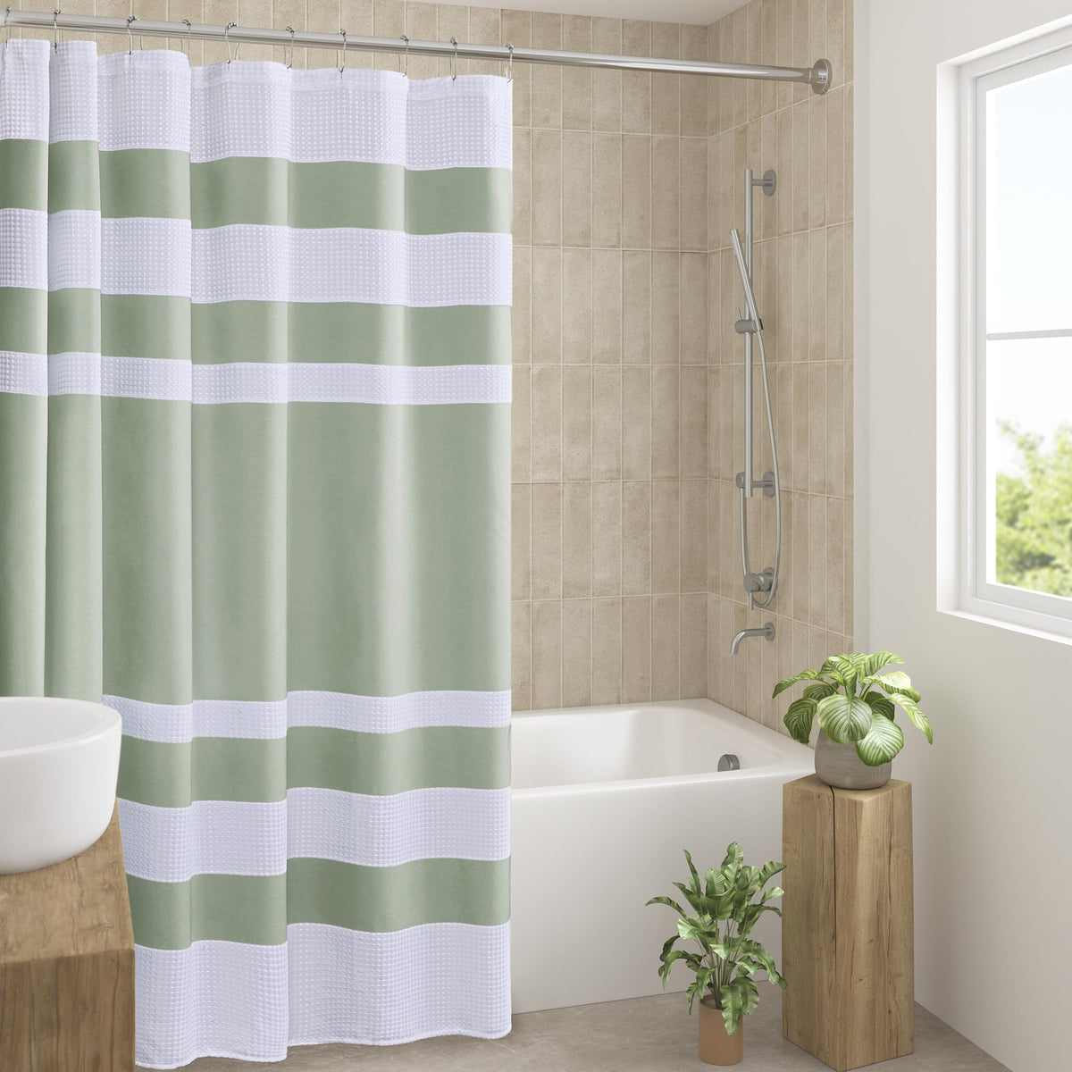 Madison Park Spa Waffle Curtain in sage green with moisture management