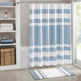 Madison Park Spa Waffle Shower Curtain in blue stripe elevates bathroom spa feel