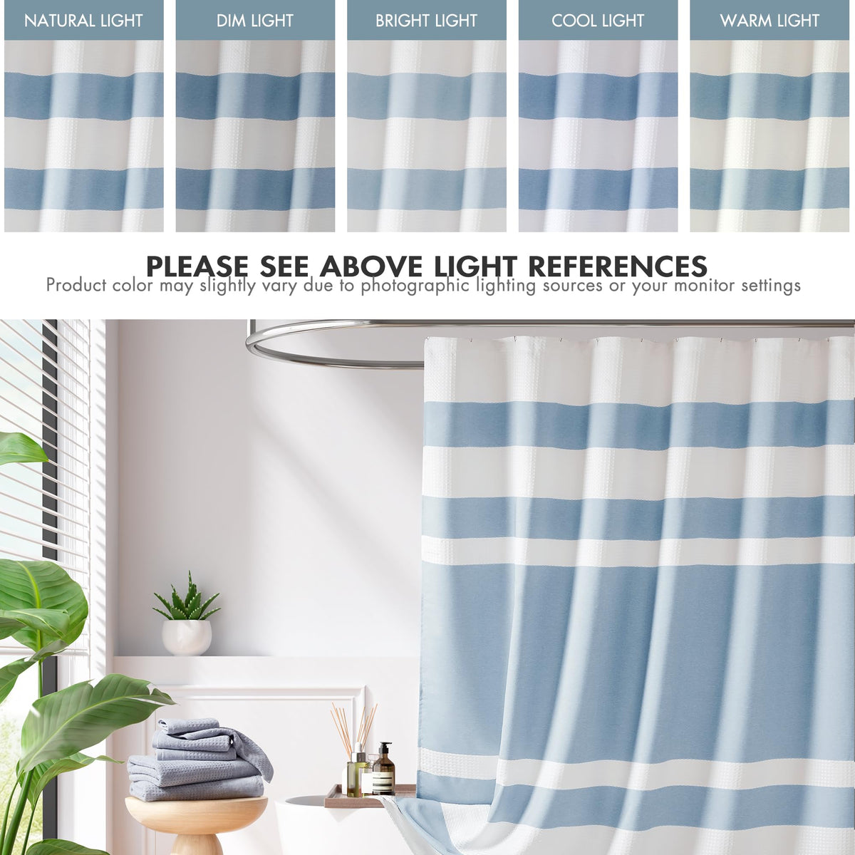 Madison Park blue striped waffle curtain in a bright bathroom setup