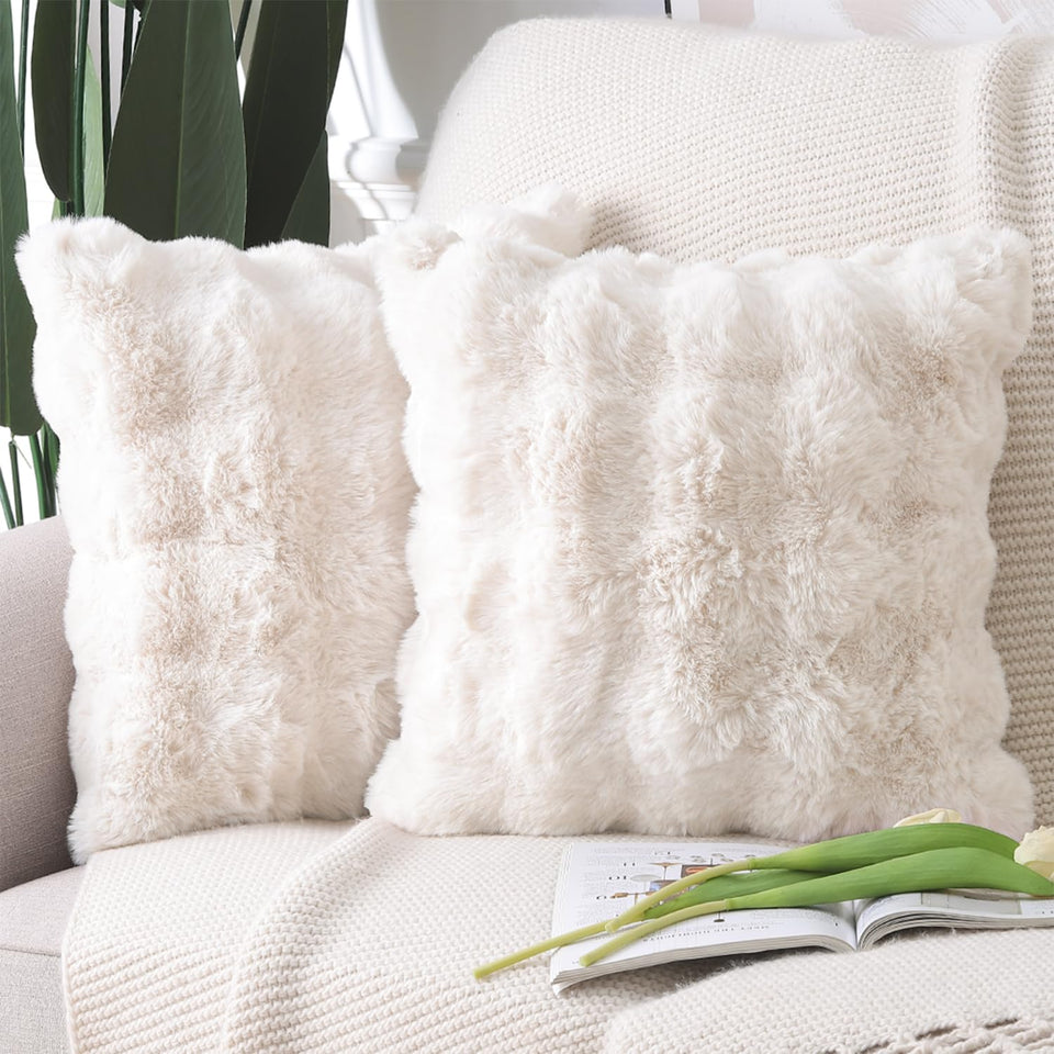 MADIZZ pack of 2 thick plush faux wool pillow covers in cream for cozy sofas.