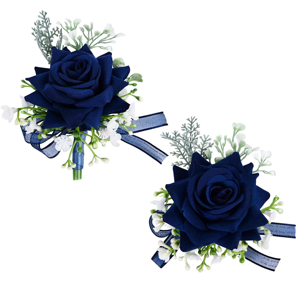 MAFELOE boutonniere navy blue closeup, ideal for formal wedding accents.
