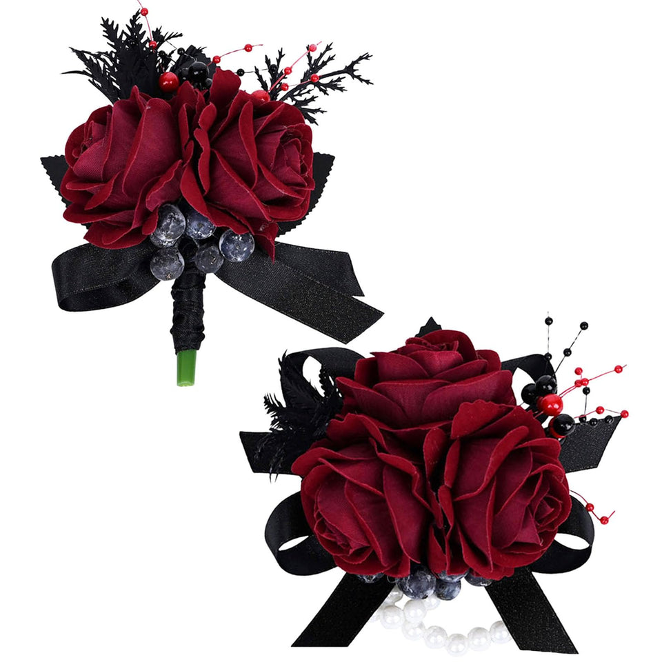 MAFELOE corsage in burgundy rose with pearls for prom