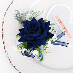 MAFELOE wrist corsage navy blue closeup highlights delicate handmade details.