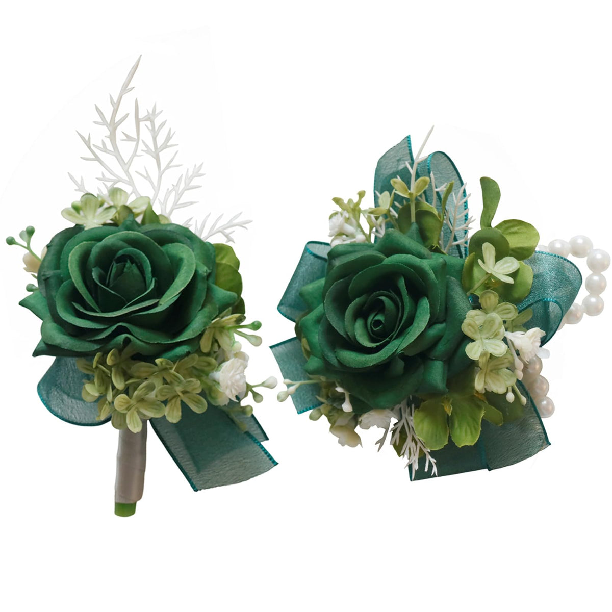MAFELOE corsage and boutonniere set in dark green for elegant weddings
