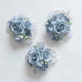 MAFELOE two-piece set coordinated with wedding party outfits in dusty blue.