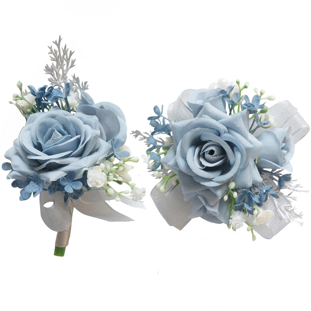 MAFELOE wrist corsage in dusty blue adds elegant hand detail for weddings.