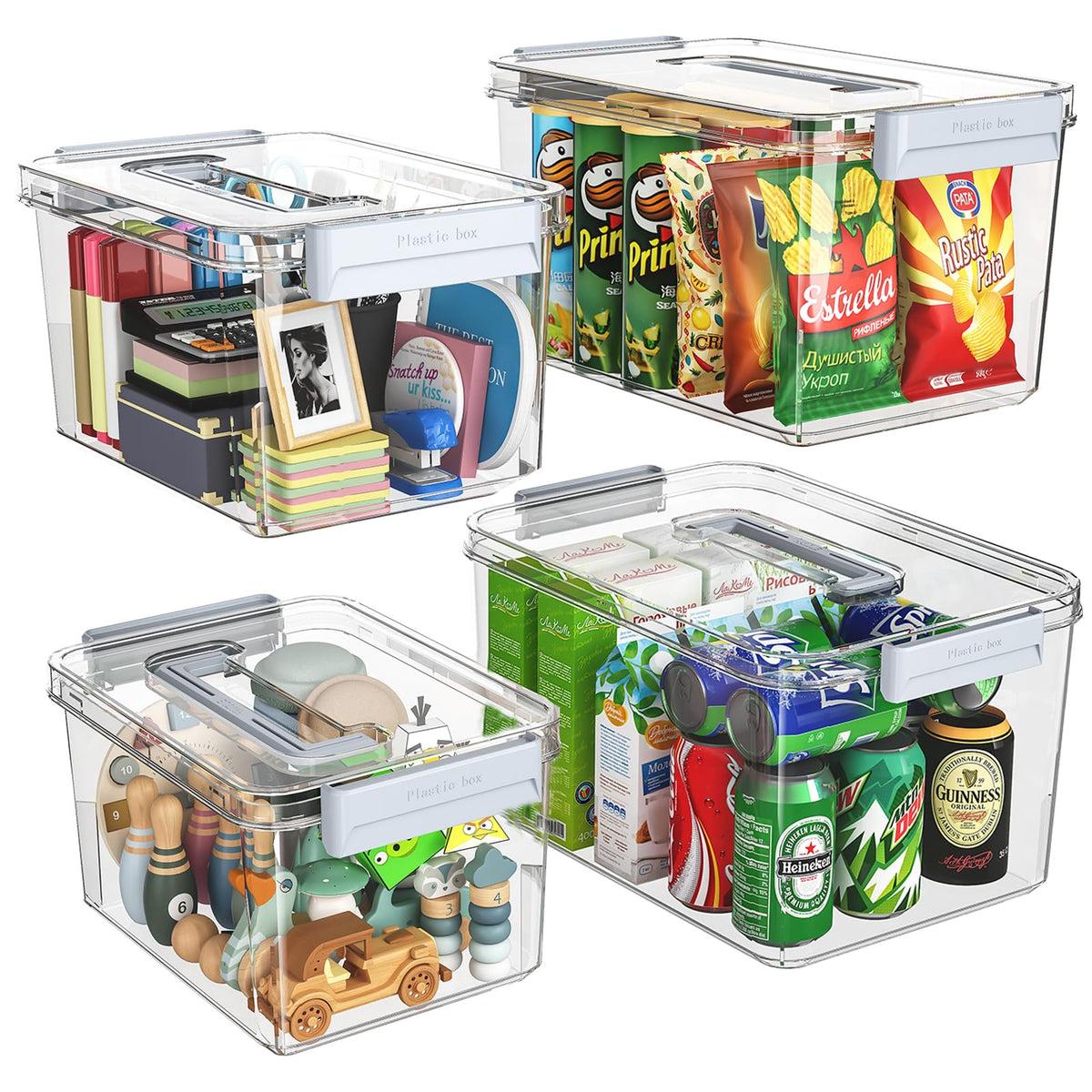 MAGDESIGNER plastic storage bins with lids stacked neatly for tidy pantries.