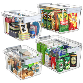 MAGDESIGNER plastic storage bins with lids stacked neatly for tidy pantries.