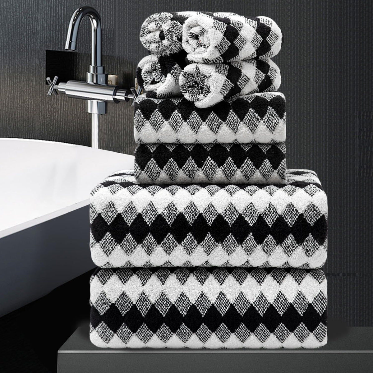 MAGGEA 8-piece towel set in black and white adds luxury and soft touch to your bathroom.