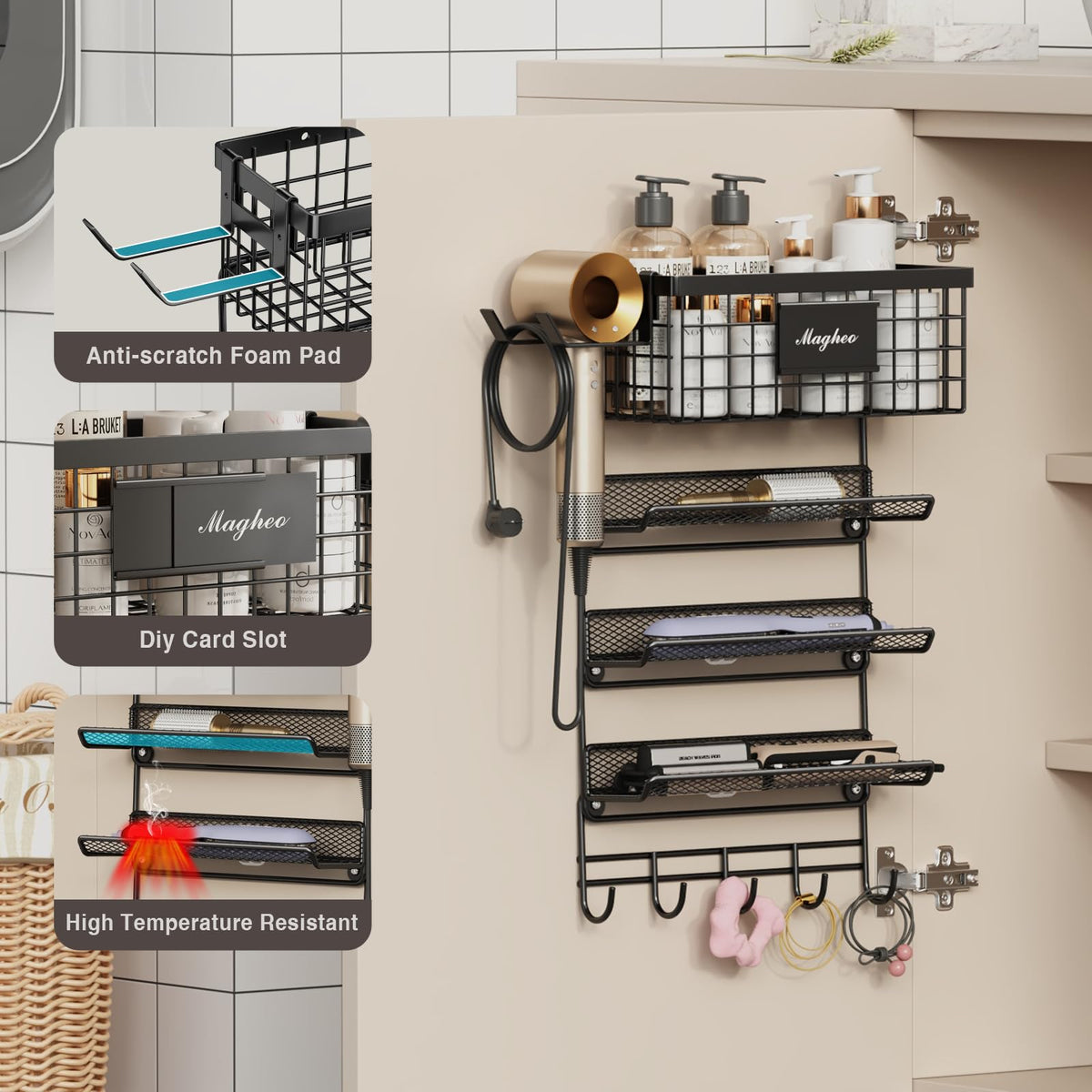 Magheo bathroom organizer with 5-tier shelves stores brushes, irons, and toiletries neatly.