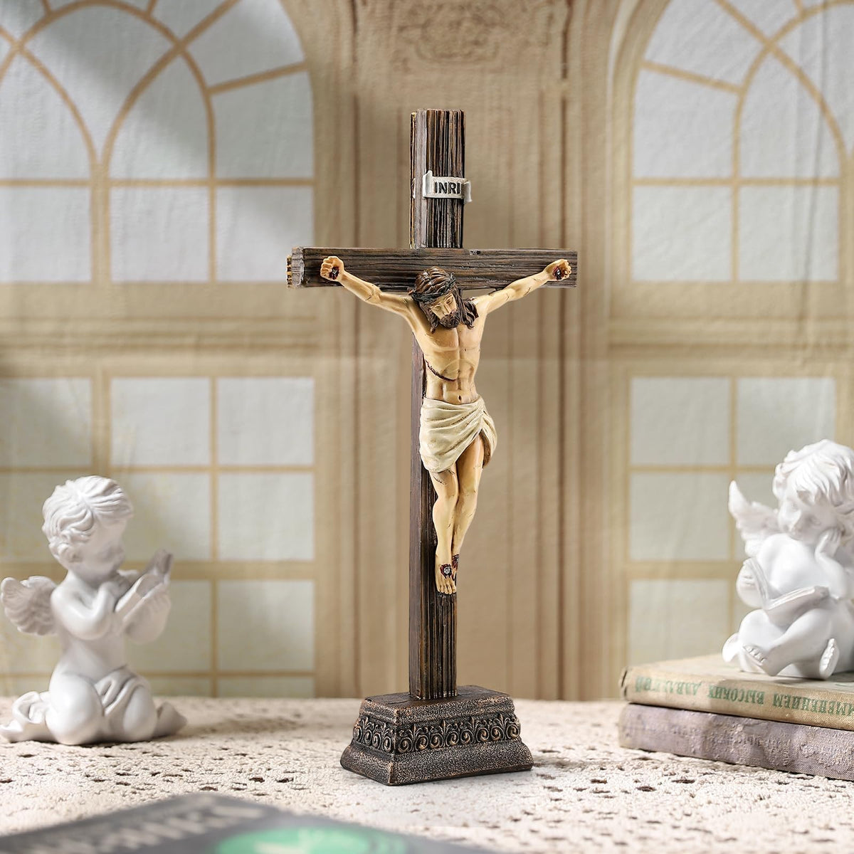 Magicsculp standing cross on tabletop adds warm faith-inspired decor to any room.