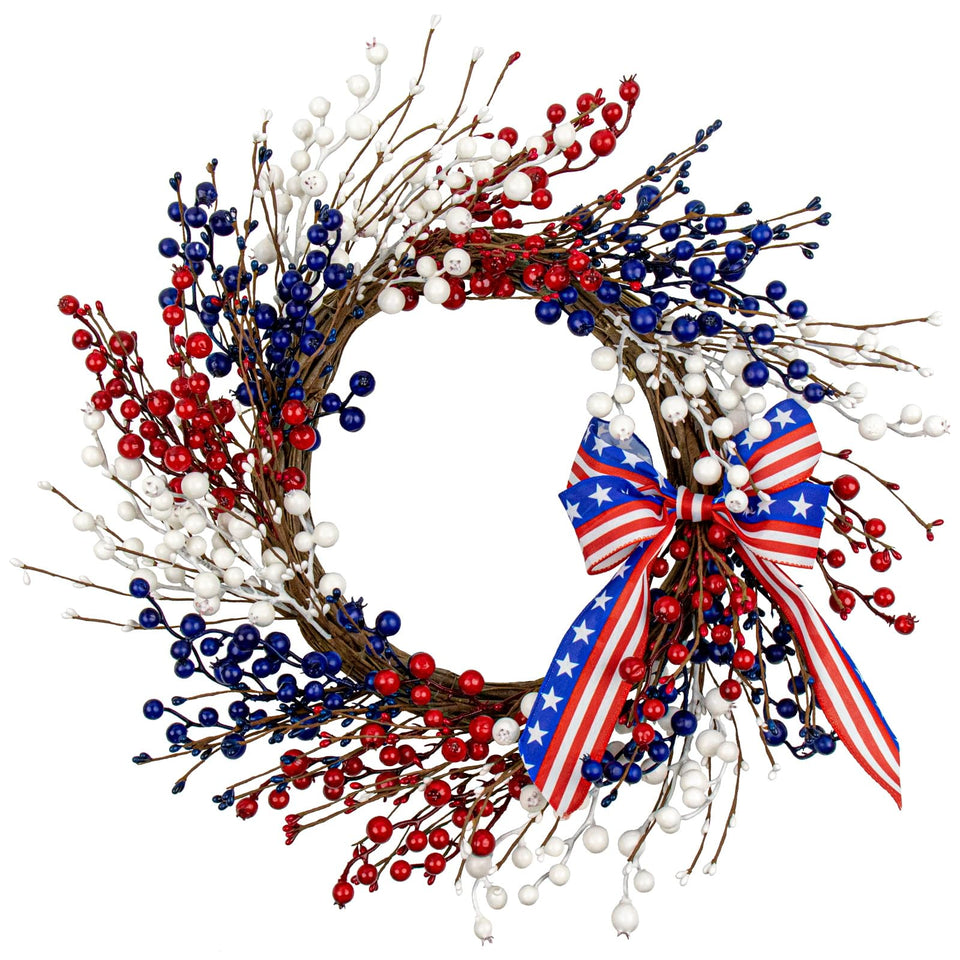 MagicWreath 22-inch patriotic wreath on front door highlighting red white blue berries