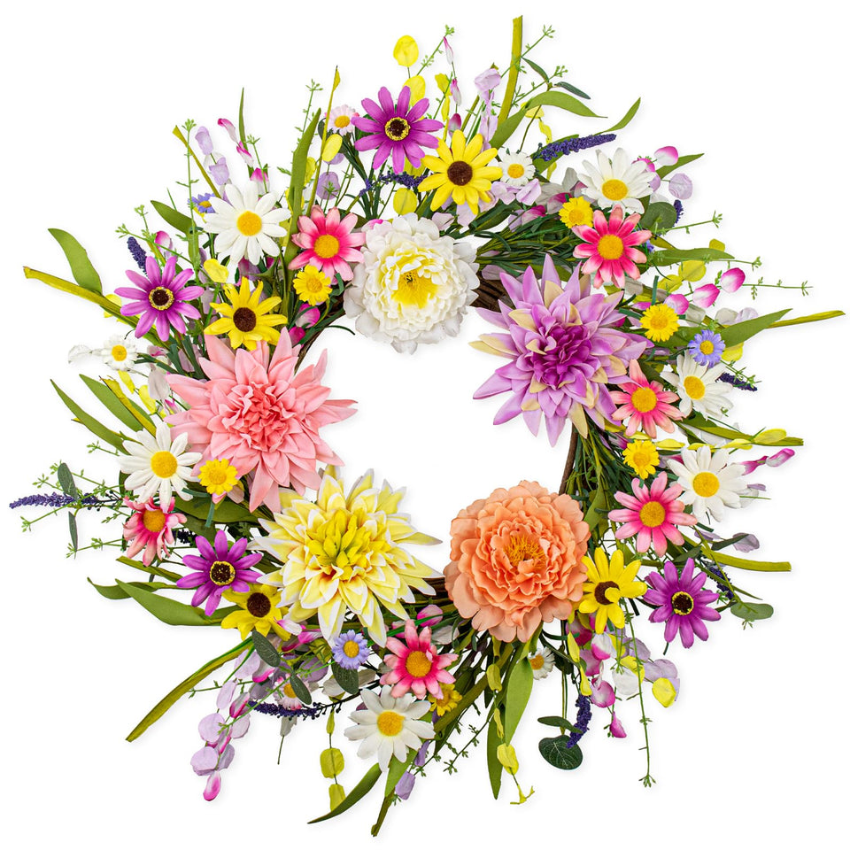 MagicWreath artificial spring wreath with dahlias and daisies for welcoming front-door decor