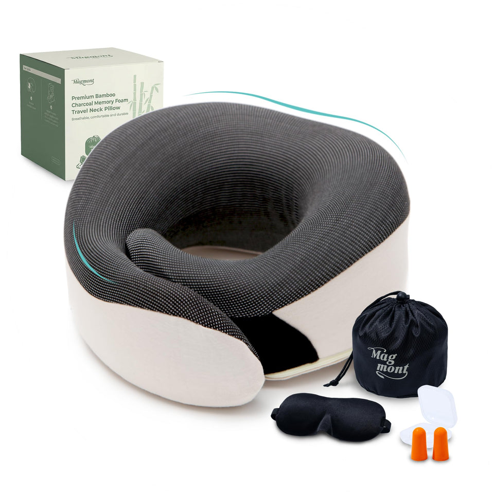 Magmont neck pillow on an airplane with 360° chin support for travel comfort.