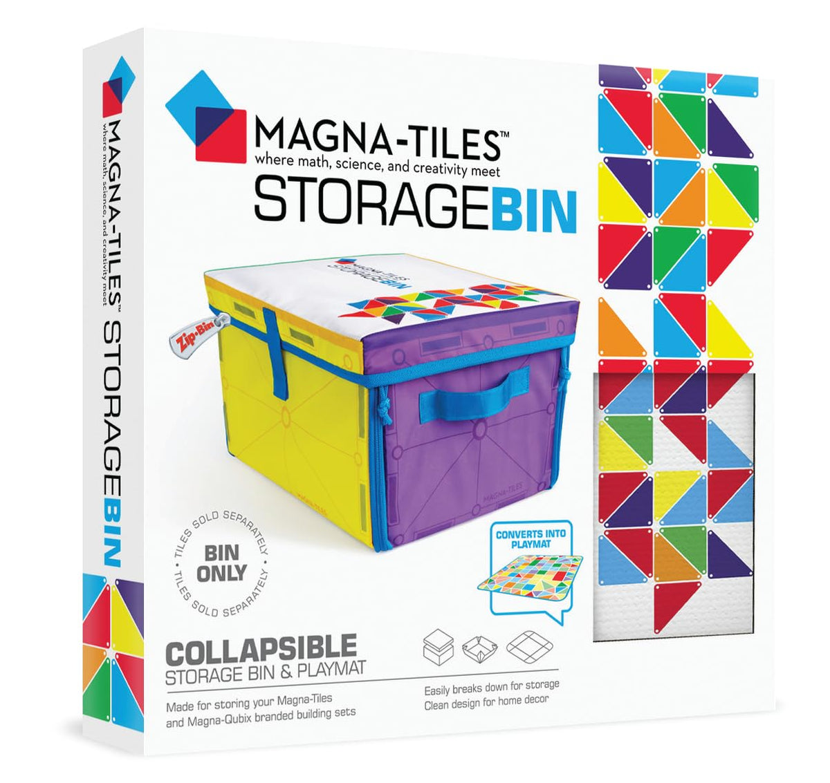 MAGNA-TILES storage bin and interactive play-mat keep tiles organized for easy cleanup.