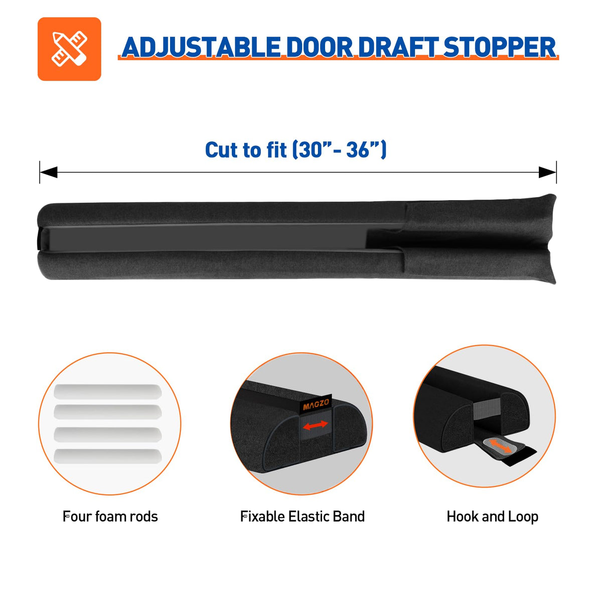 MAGZO insert-style draft blocker slides under doors for smooth, floor-safe operation.