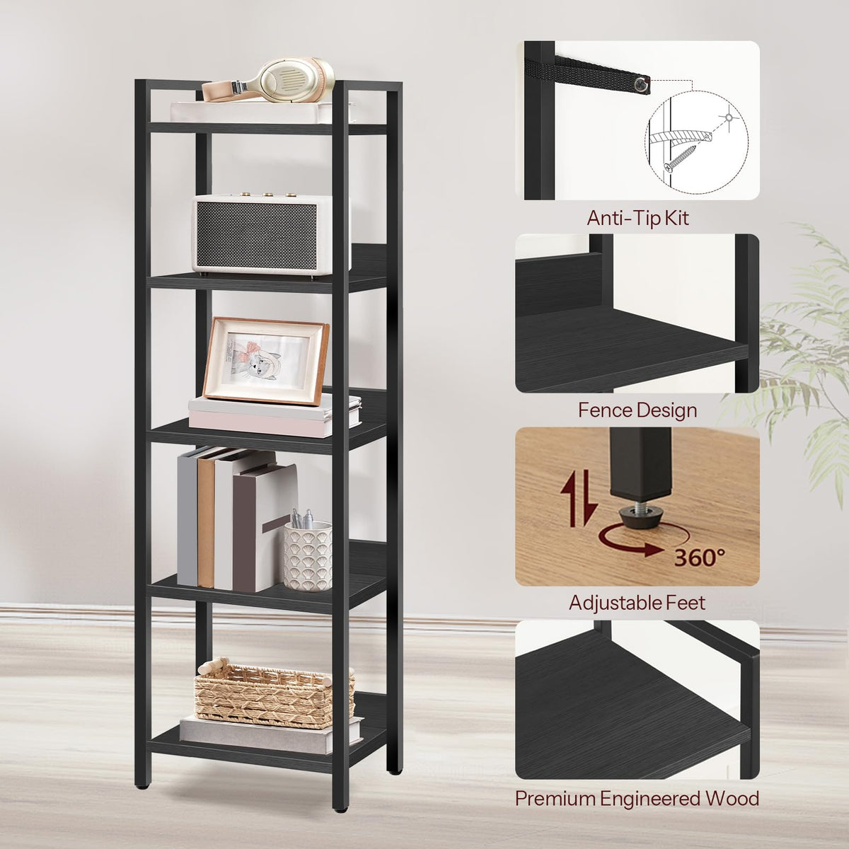 MAHANCRIS 5-tier bookshelf full assembled in living room with books and decor.