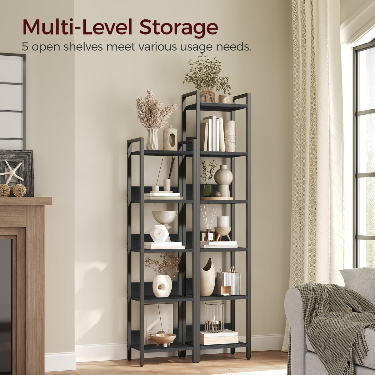 MAHANCRIS 5-tier bookshelf side view shows narrow footprint for tight spaces.