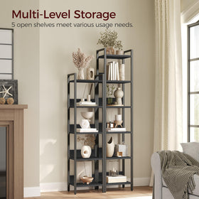 MAHANCRIS 5-tier bookshelf side view shows narrow footprint for tight spaces.