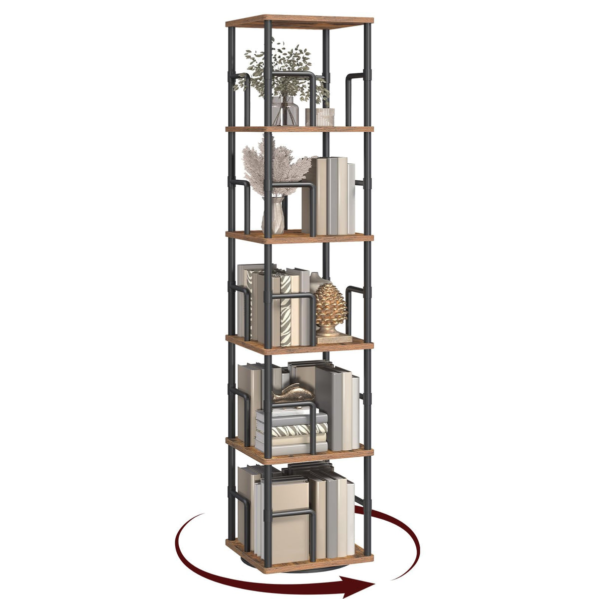 MAHANCRIS 5-tier rotating bookshelf front view highlights compact corner storage and accessibility.