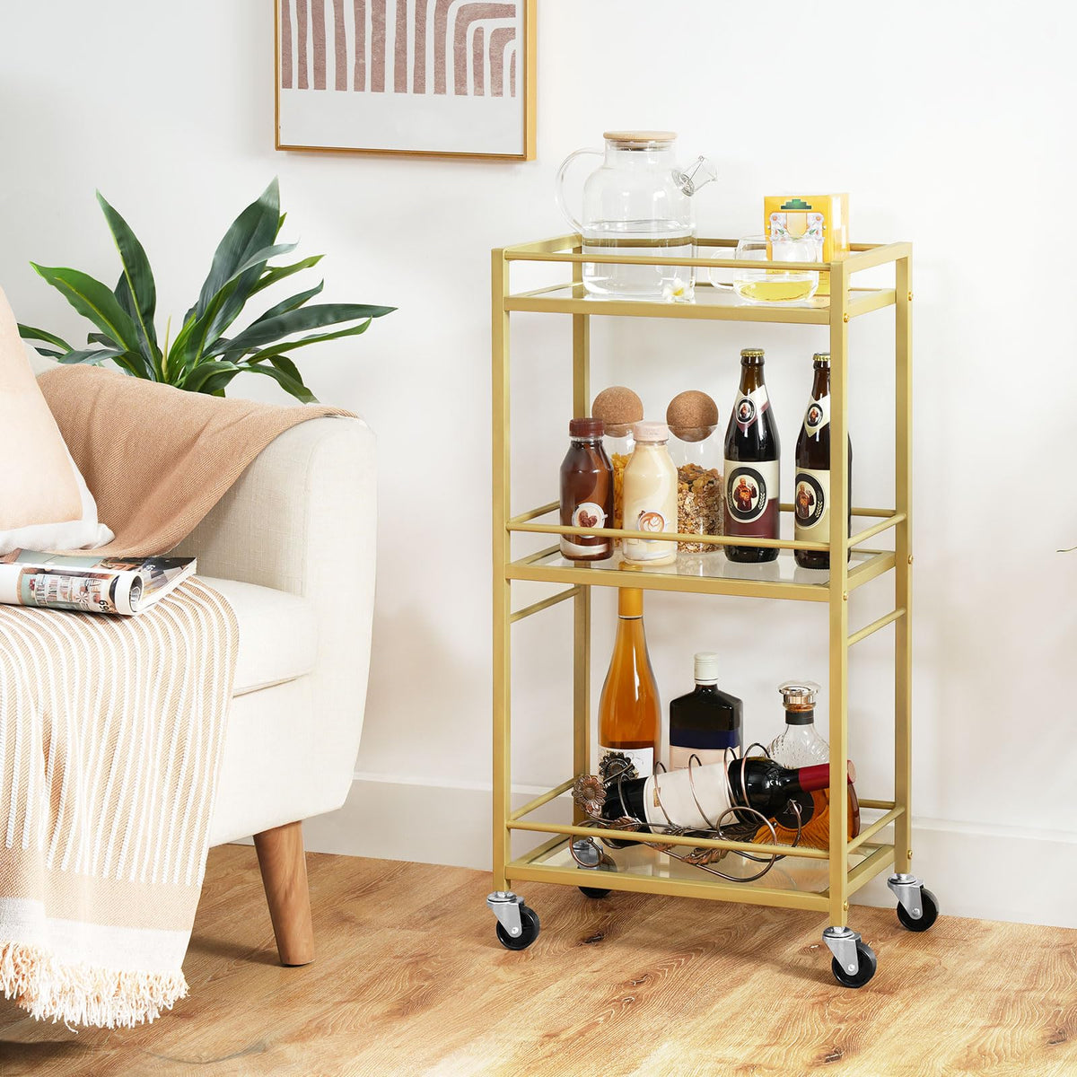 MAHANCRIS bar cart with 3-tier shelves for organized entertaining.