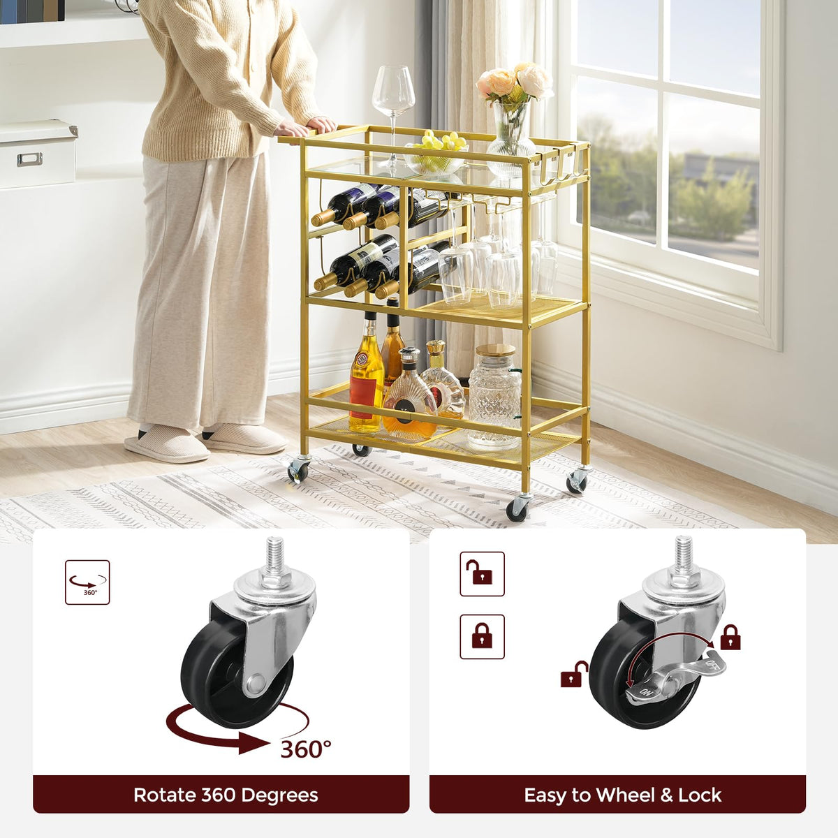 MAHANCRIS bar cart sturdy construction supports daily use.
