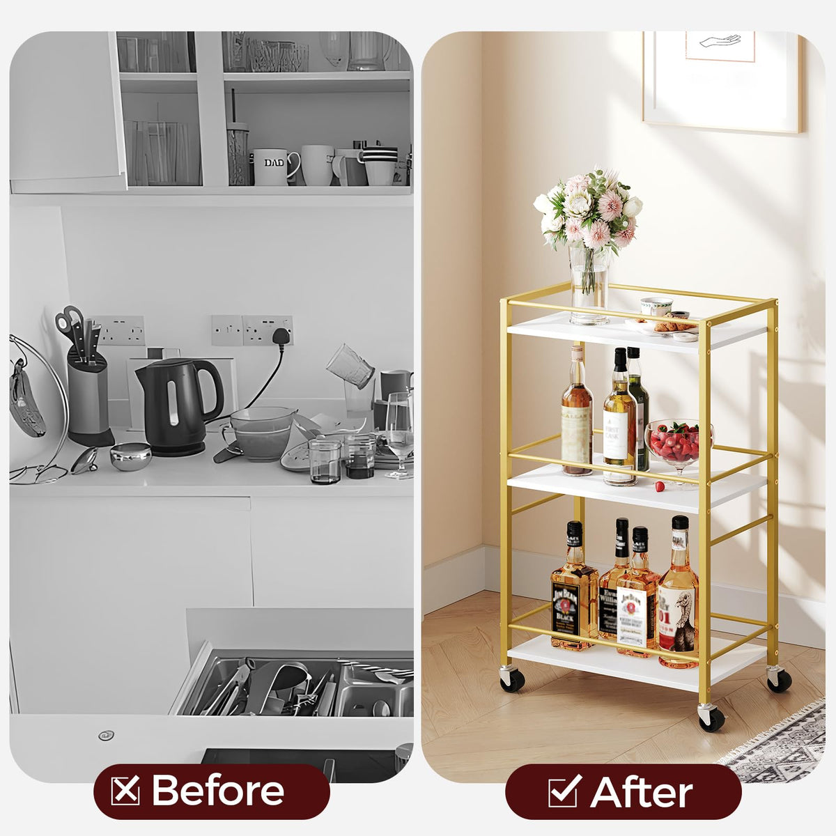 MAHANCRIS bar cart glassware display highlights organized storage.
