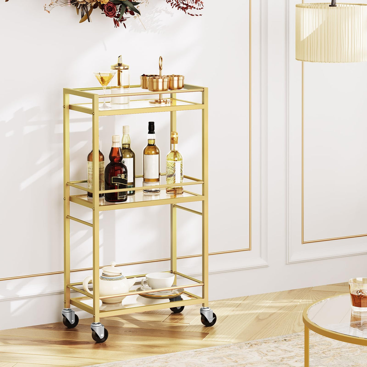 MAHANCRIS bar cart golden frame with tempered glass enhances decor.