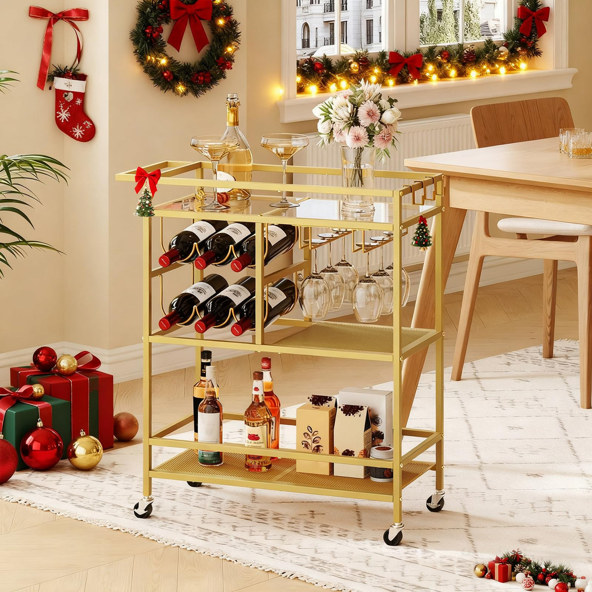 MAHANCRIS bar cart with four swivel wheels for easy mobility.