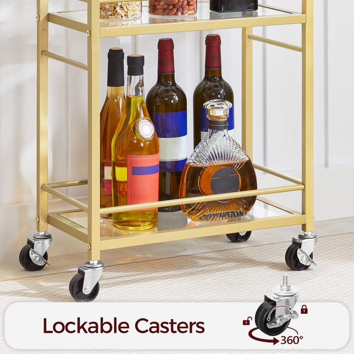 MAHANCRIS bar cart four wheels with two locks offer mobility.